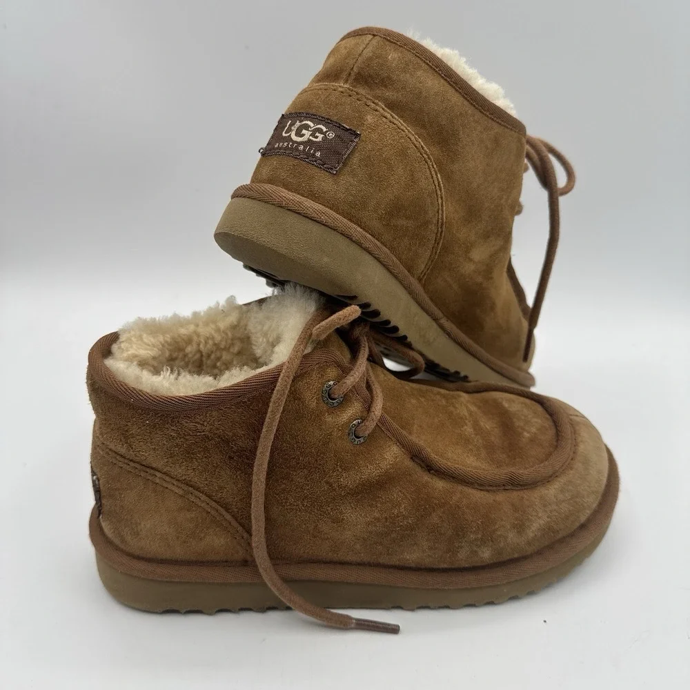 Ugg 3 Big Kids Boots Ankle Booties Lace Up Genuine Sheep Skin Fur Lined Leather